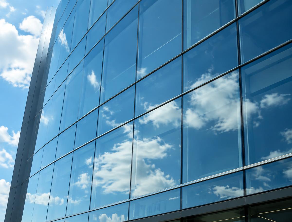 Commercial glass facade after professional cleaning
