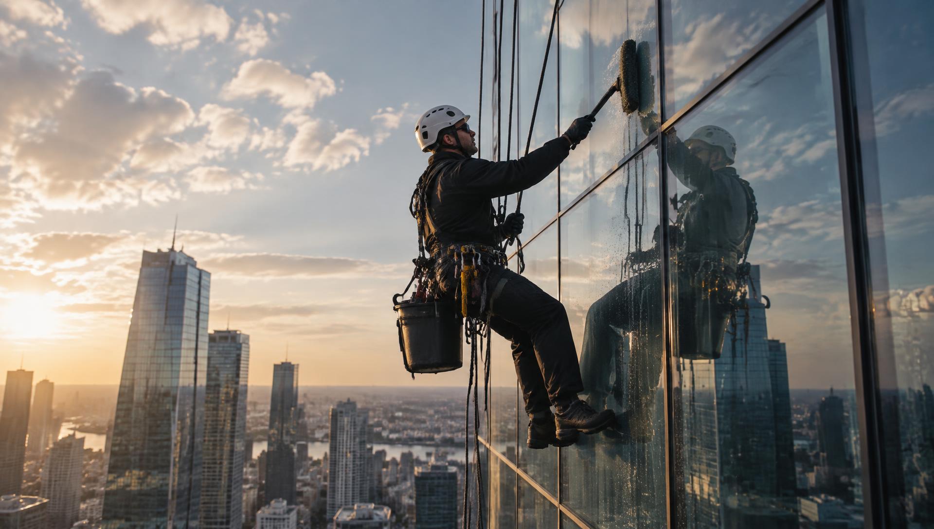 Rope-access technician cleaning the glass facade of a commercial high-rise