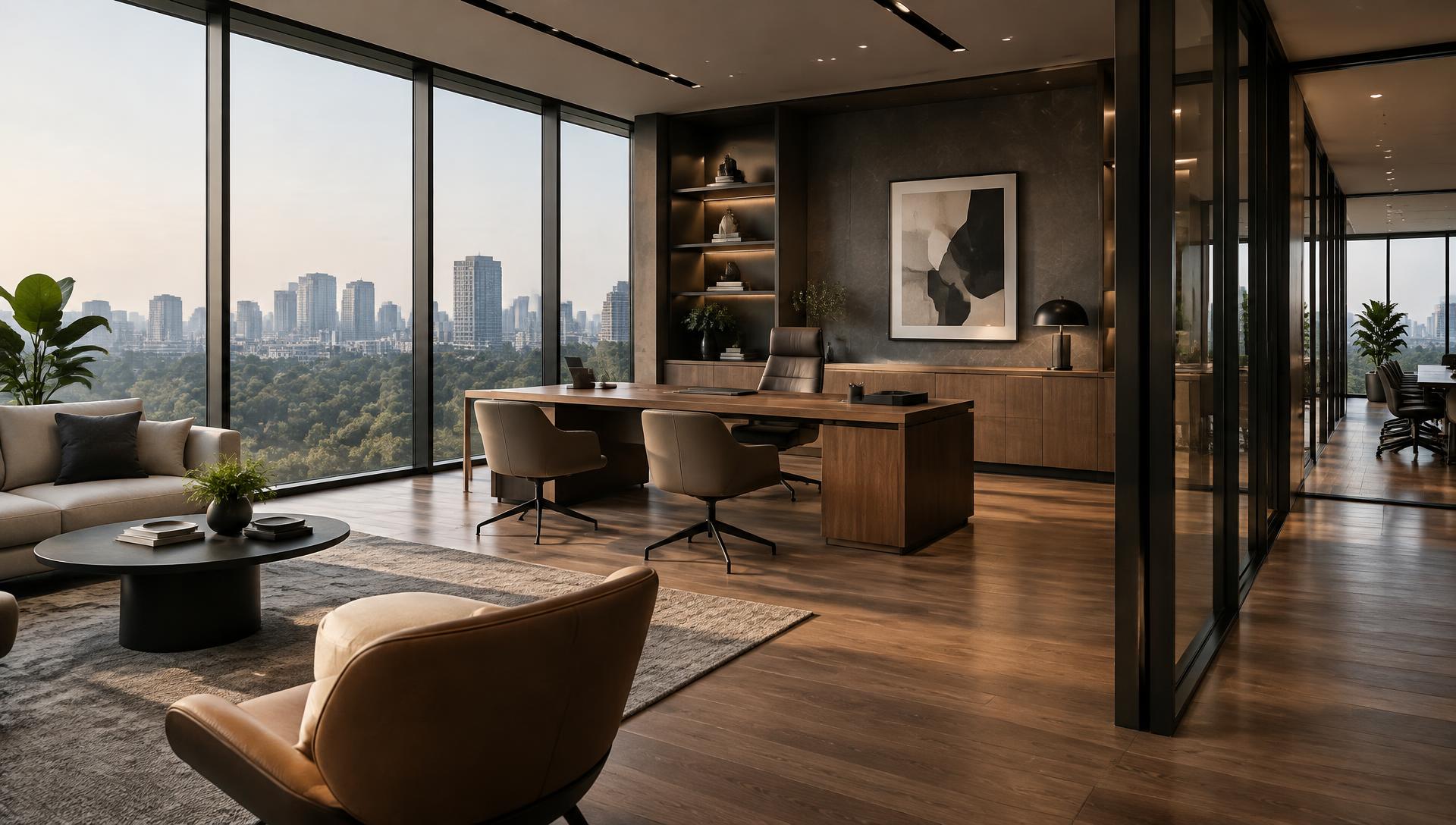 Modern office interior in Bangalore with floor-to-ceiling glass