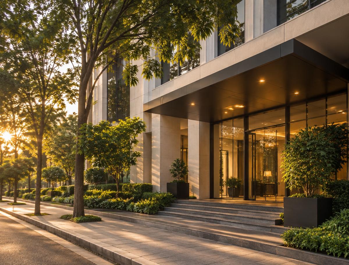 Well-maintained commercial property entrance in Bangalore at dusk